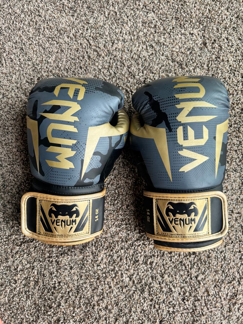 Venum Elite Boxing Gloves 14 oz Black/Gold Camo Made in Thailand